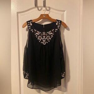 White House Black Market Boho Embroidered Black Blouse Size Medium NWOT